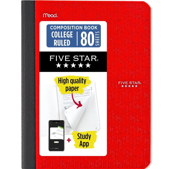 Five Star Composition Book Plus Study App, College Ruled, 80 Sheets, 7.5" x 9.75", Fire Red