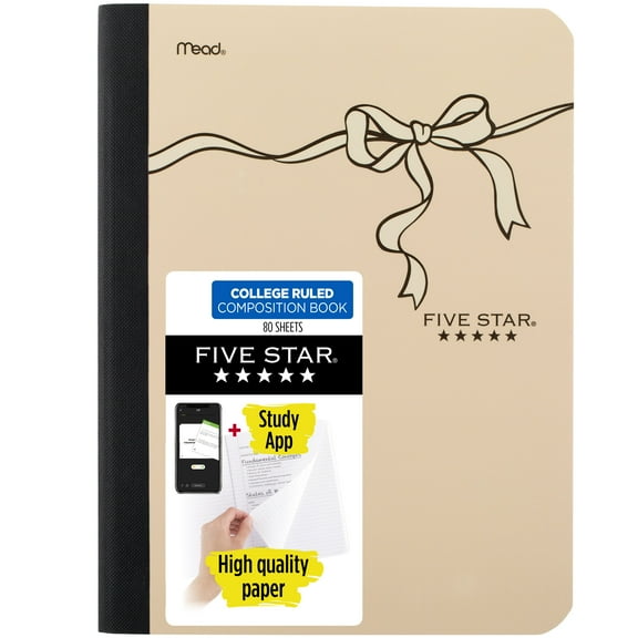 Five Star Bows Composition Book Plus Study App, College Ruled, 80 Sheets, 7.5" x 9.75", Pearl & Cream