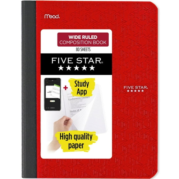 Five Star Composition Book Plus Study App, Wide Ruled, 7.5" x 9.75", Fire Red, Poly, 80 Sheets