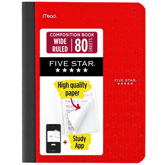 Five Star Composition Book Plus Study App, Wide Ruled, 7.5" x 9.75", Fire Red, Poly, 80 Sheets