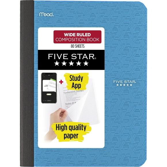 Five Star Composition Book Plus Study App, Wide Ruled, 80 Sheets, 7.5" x 9.75", Tidewater Blue