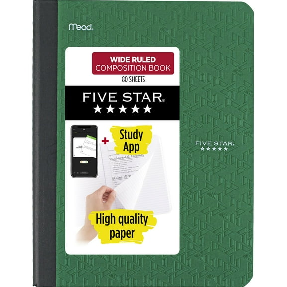 Five Star Composition Book Plus Study App, Wide Ruled, 80 Sheets, 7.5" x 9.75", Forest Green