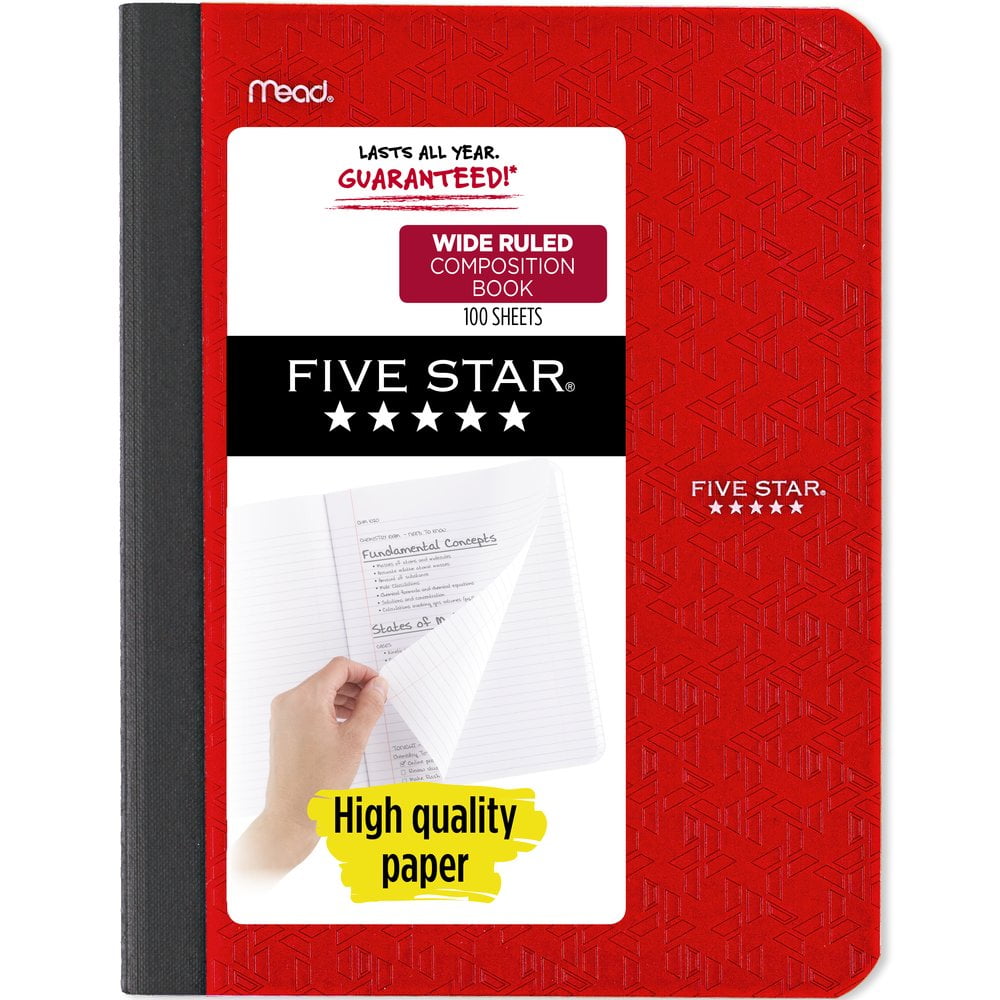 Five Star Composition Book, Wide Ruled, 100 Sheets, Fire Red (950000H-WMT)
