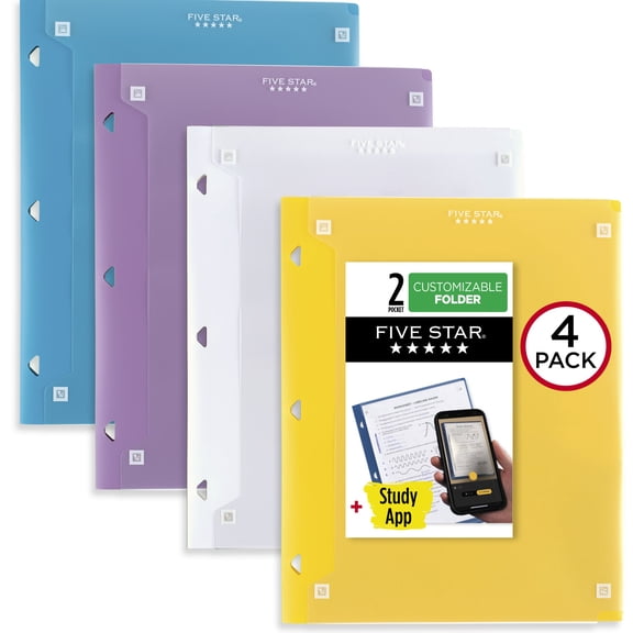 Five Star Customizable 2-Pocket Plastic Folder Plus Study App 4 Pack Amethyst
