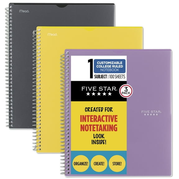 Five Star Interactive Notebook, Customizable, 1 Subject, College Ruled, 3 Pack, Black