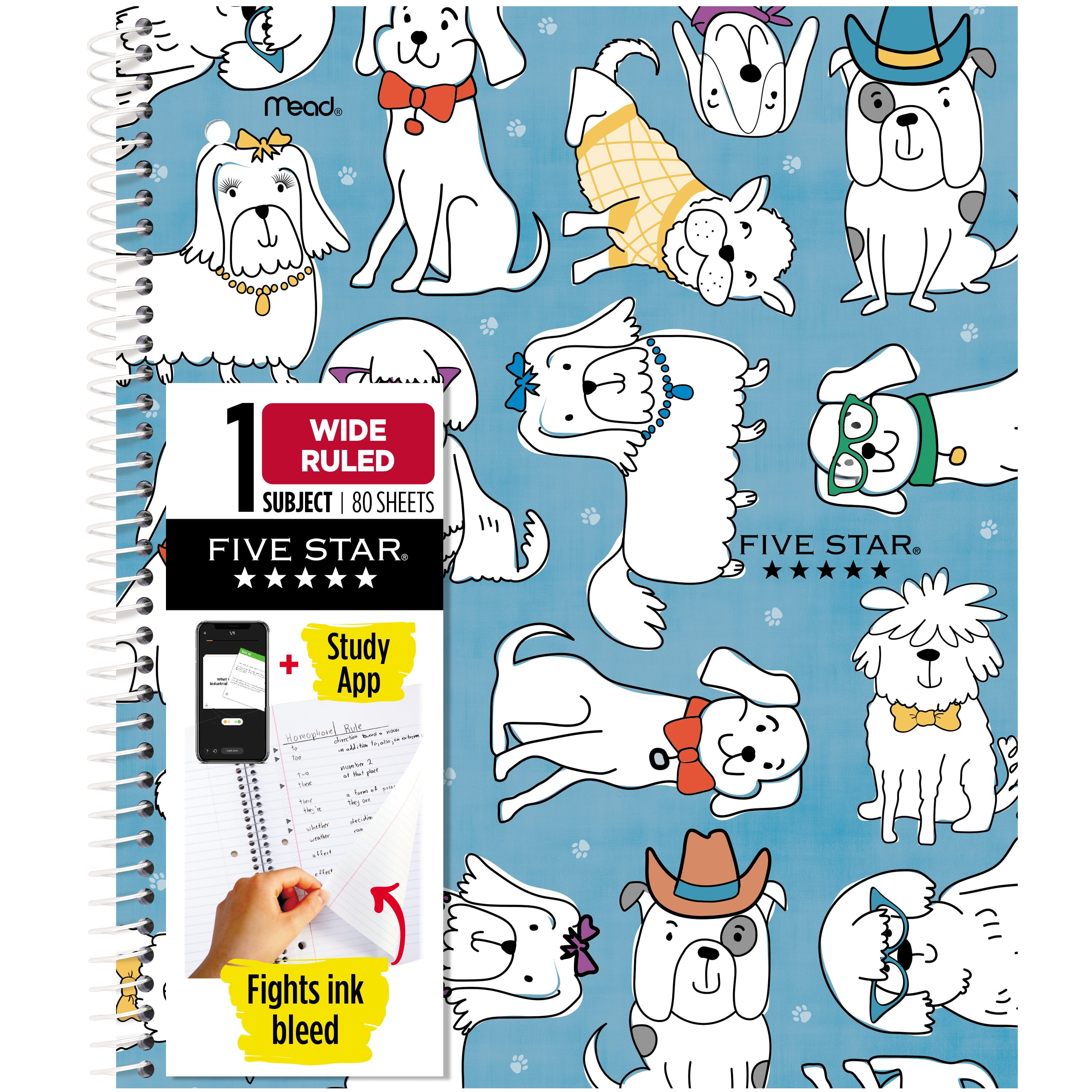 Five Star Cats & Dogs 1 Subject Wide Ruled Notebook Plus Study App, 8" x 10.5", Dogs, Poly, Spiral, 80 Sheets