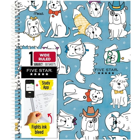Five Star Cats & Dogs 1 Subject Wide Ruled Notebook Plus Study App, 8" x 10.5", Dogs, Poly, Spiral, 80 Sheets