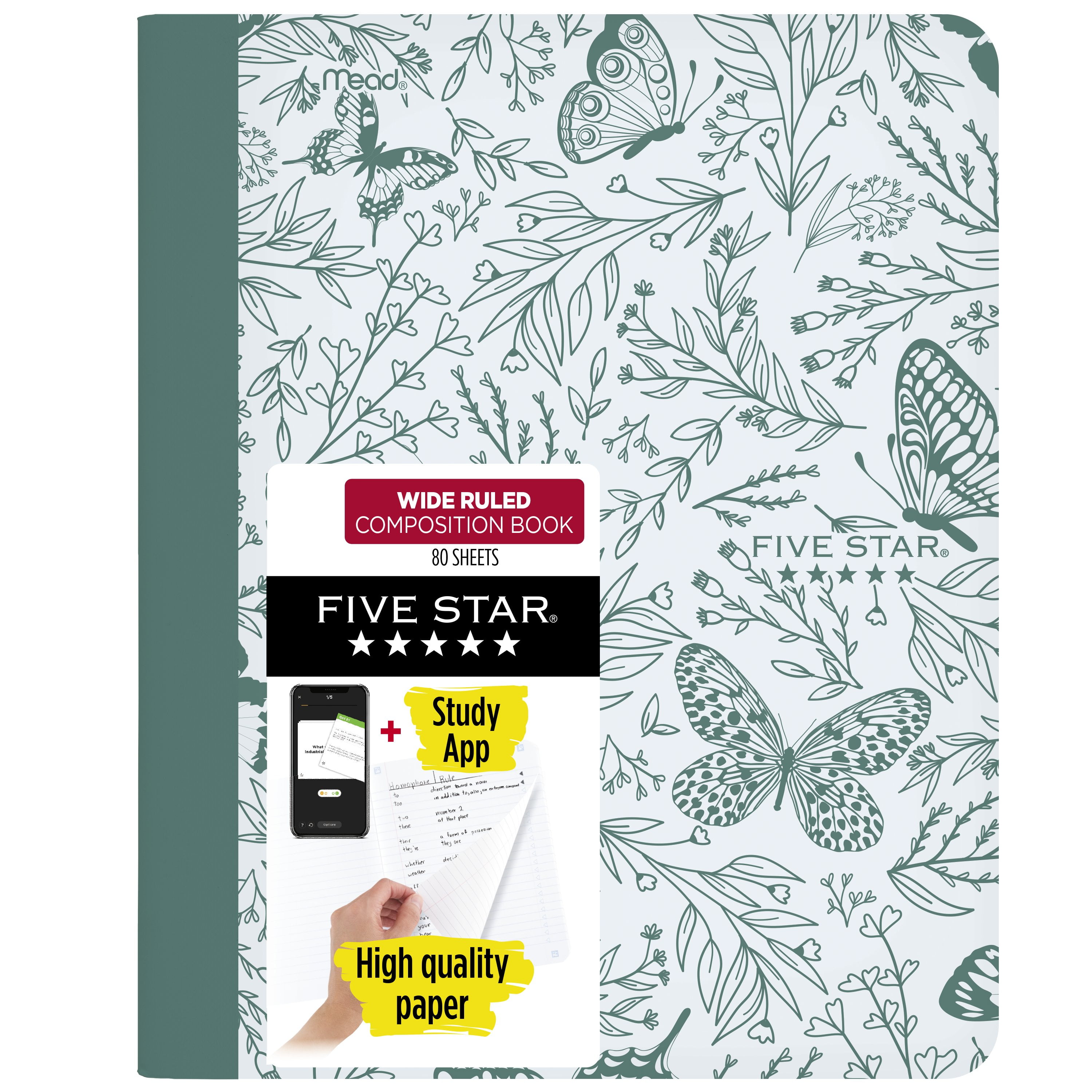 Five Star Down to Earth Composition Book Plus Study App, Wide Ruled, 80 Sheets, 7.5" x 9.75", Butterfly Blues