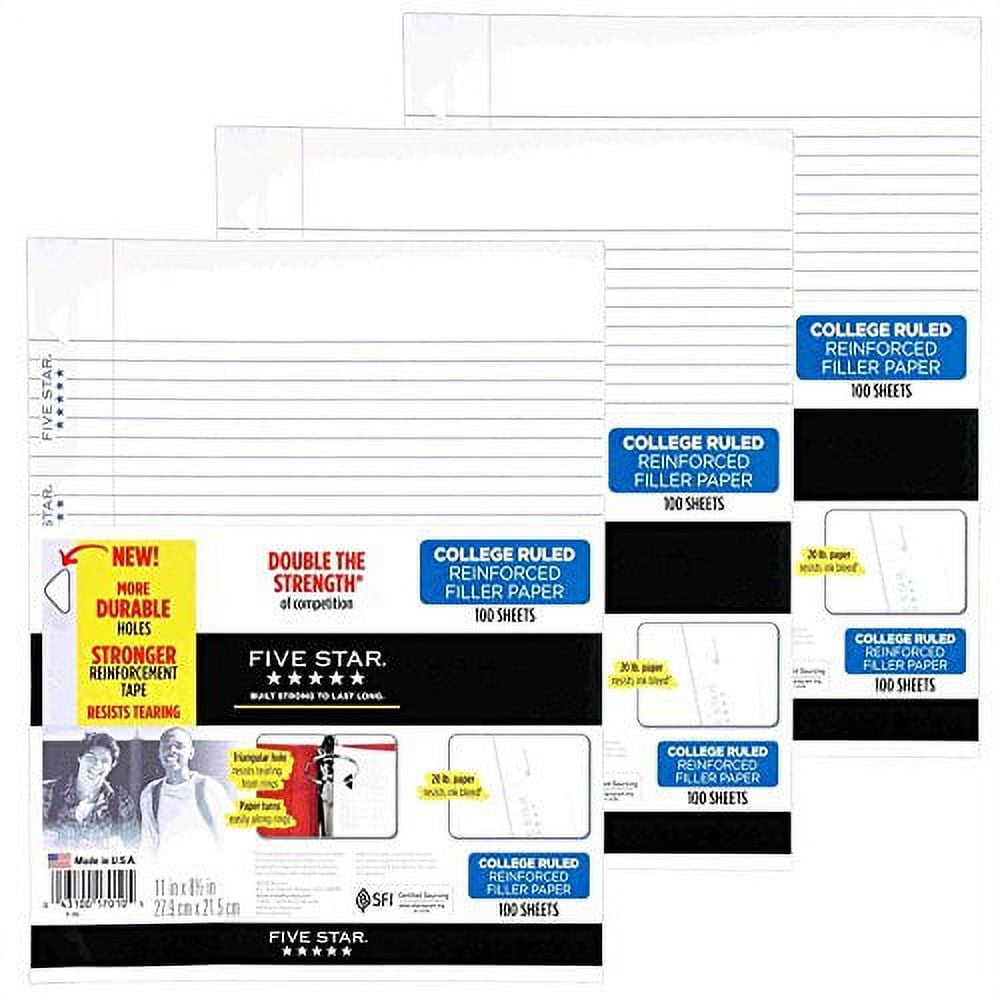 Five Star Filler Paper, College Ruled, Reinforced, Loose Leaf Paper, 11 x 8.5", 100 Sheets/Pack