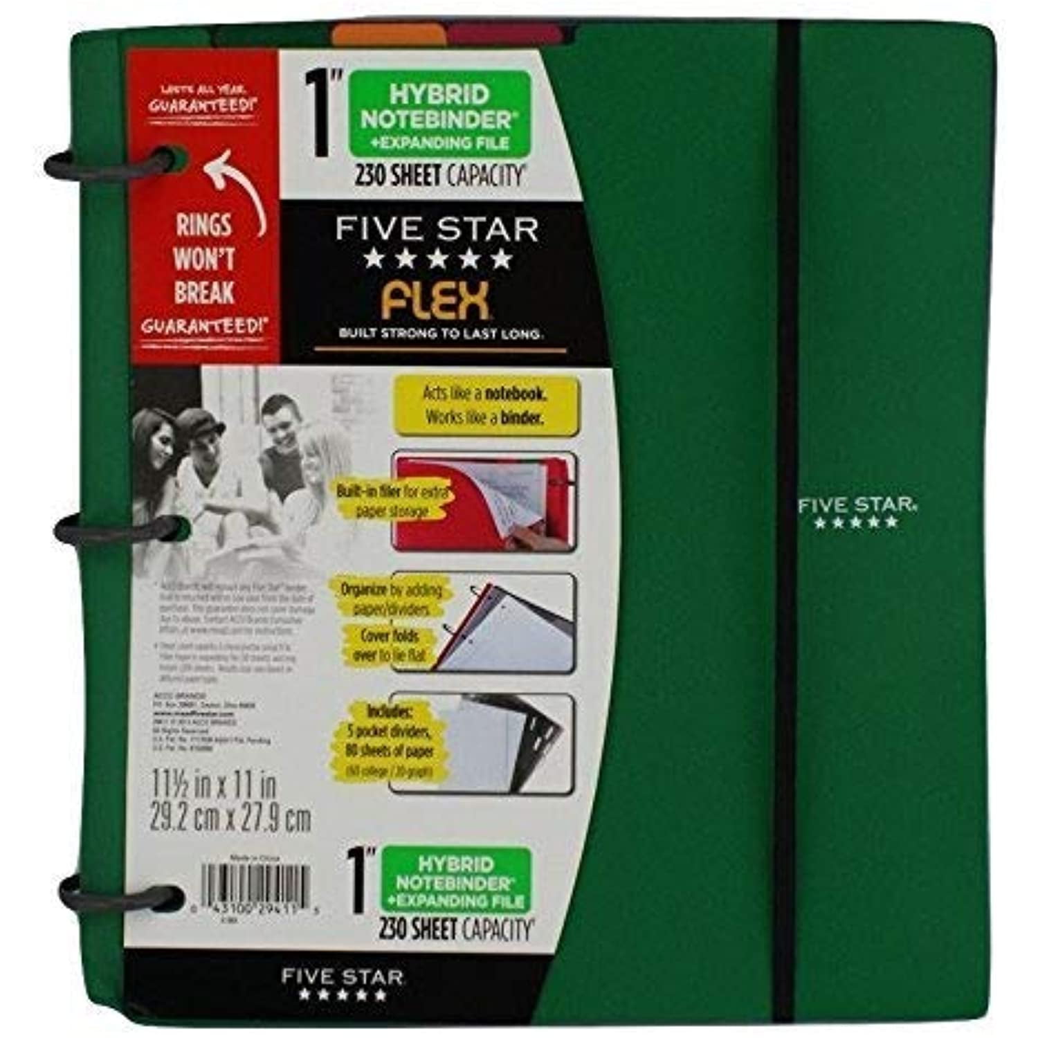 Five Star Flex Hybrid Notebinder +Expanding File 1-inch 230 sheet capacity,  11.5 x 11 inches, Notebook and Binder All-in-One, (X-563) (Black)