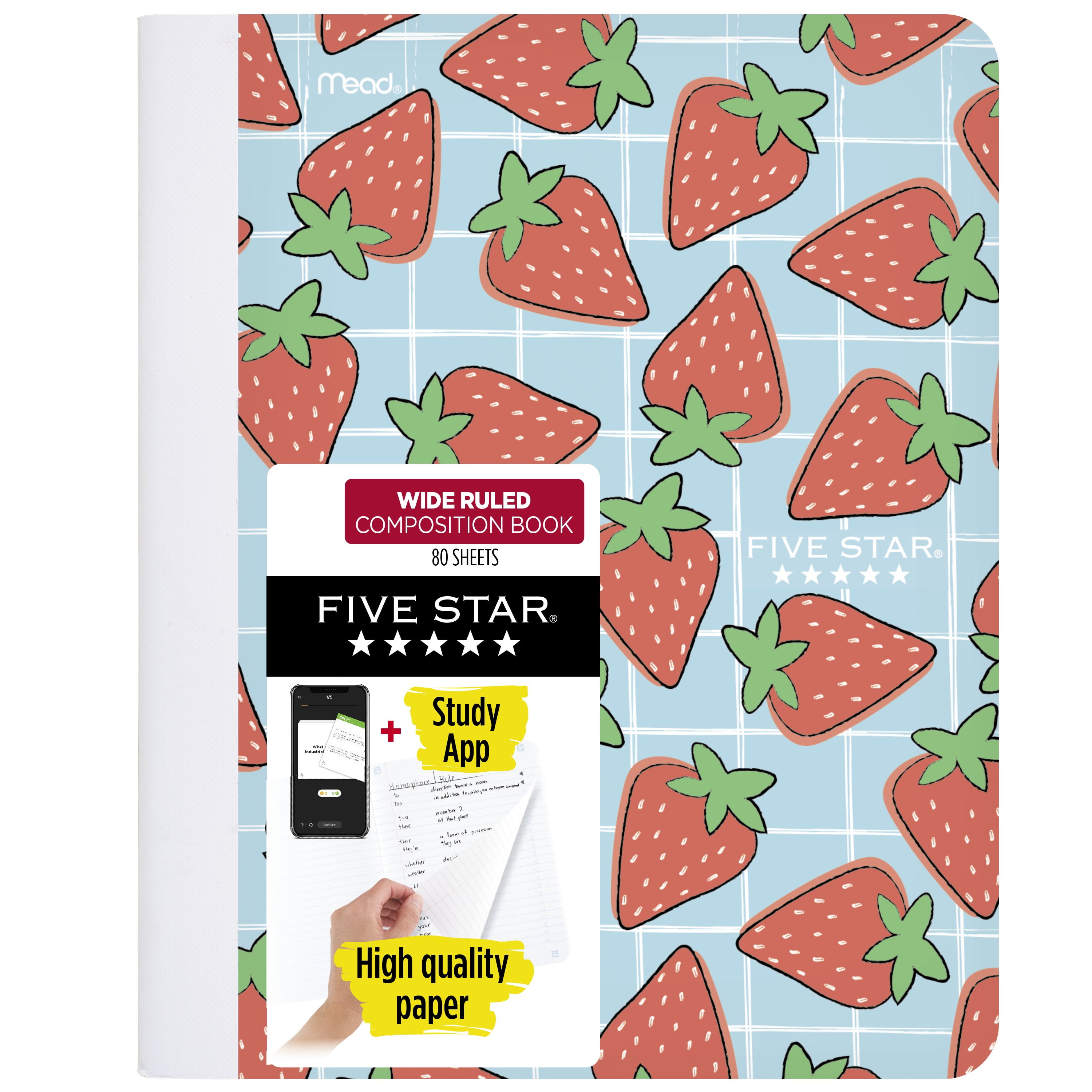 Five Star Fruits Composition Book Plus Study App, Wide Ruled, 80 Sheets, 7.5" x 9.75", Strawberried