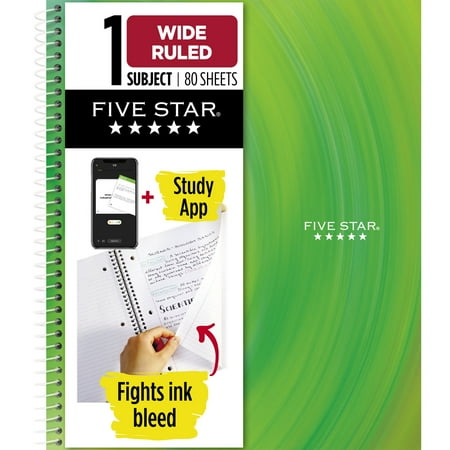 Five Star Green Waves Notebook Plus Study App, 1 Subject, Wide Ruled, 8" x 10.5"