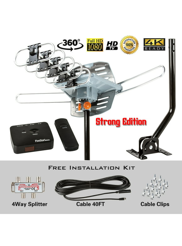 Five Star HDTV Antenna Amplified Digital Outdoor Antenna with Mounting Pole-150 Miles Range-360 Degree Rotation Wireless Remote-Snap-On Installation Support 5 TVs