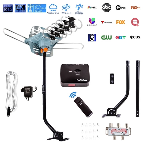 Five Star HDTV Outdoor Antenna, 150-Mile Range, 360° Rotation, Dual TV Output, Amplifier, 40FT Coax Cable, J-Pole & Extension Pole
