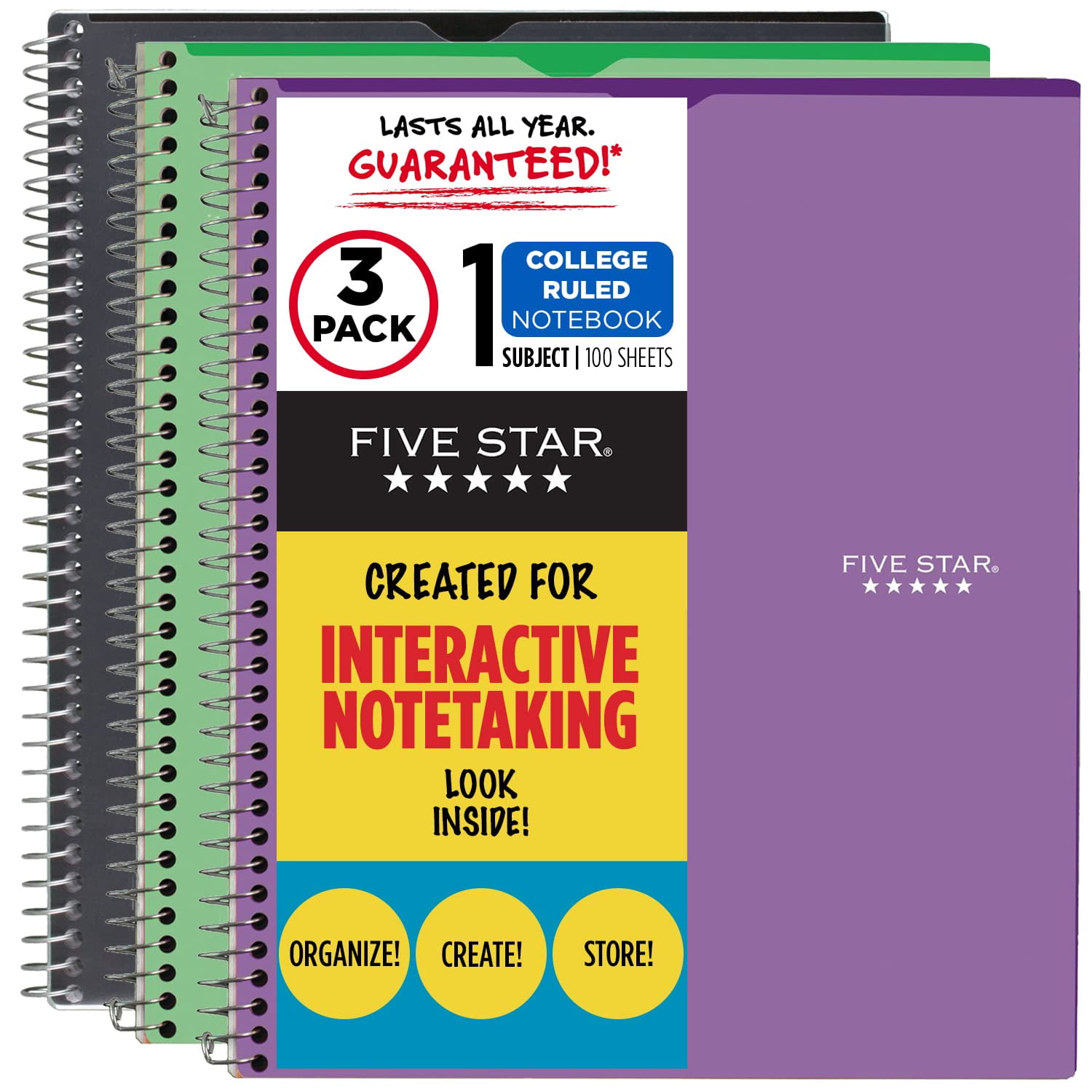 Five Star Interactive Notetaking, 1 Subject, College Ruled Spiral Notebooks, 100 Sheets, 11 x 8-1/2 inches, Customizable, 3 Pack (38591)