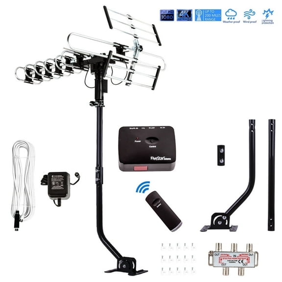 Five Star Long-Range Outdoor TV Antenna, 200 Miles Reception, 360° Rotation, Built-in Amplifier, Dual TV Support, J-Pole & Extension Pole