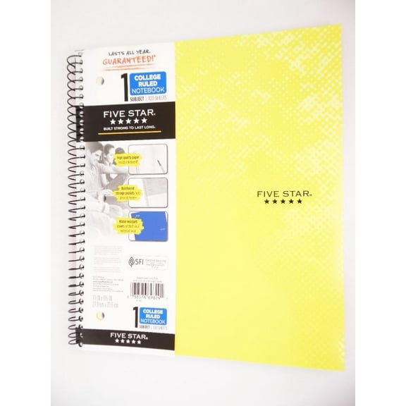 Five Star Mead College Ruled Spiral Notebook Yellow, 100 Pages