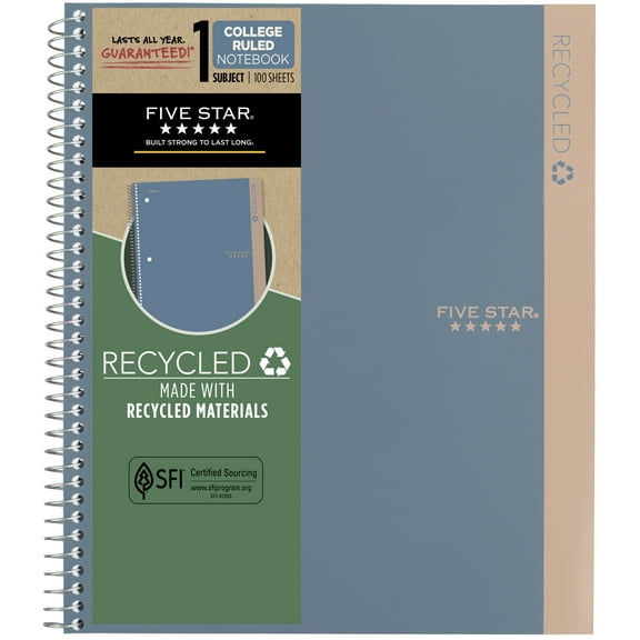 Five Star Recycled Spiral Notebook + Study App, 1 Subject, College Ruled, 8.5" x 11"