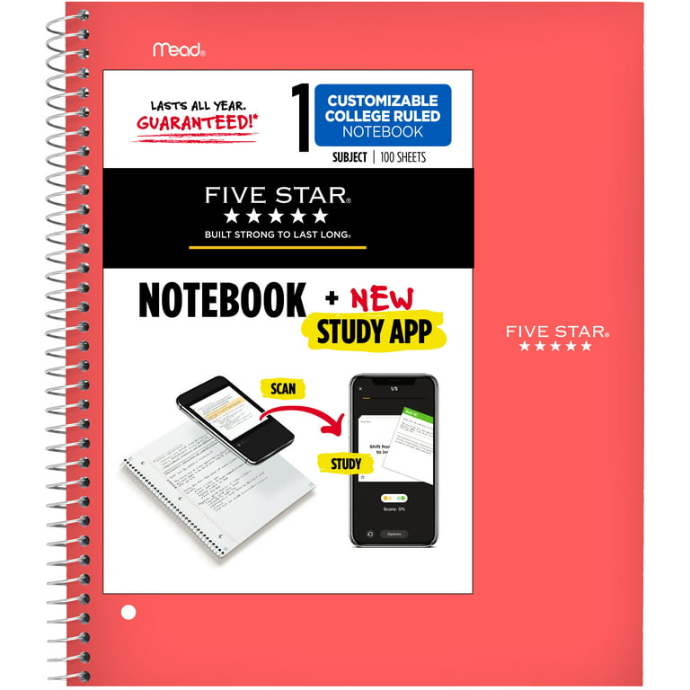 Five Star Notebook, Digital Study App, 1 Subject, College Ruled, Coral  (820026KS0-WMT-MOD) 