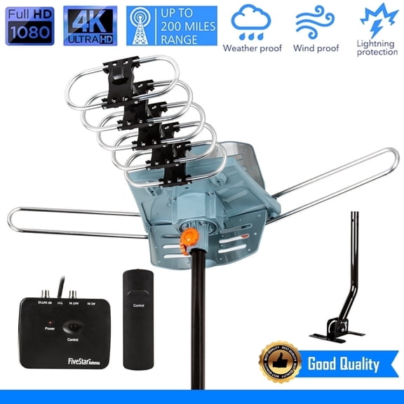 Five Star Outdoor HD TV Antenna Strongest Up to 150 Miles Long Range with Motorized 360 Degree Rotation, UHF/VHF/FM Radio Infrared Remote Control with Mounting Pole & 40FT Coax Cable Support 2 TVs