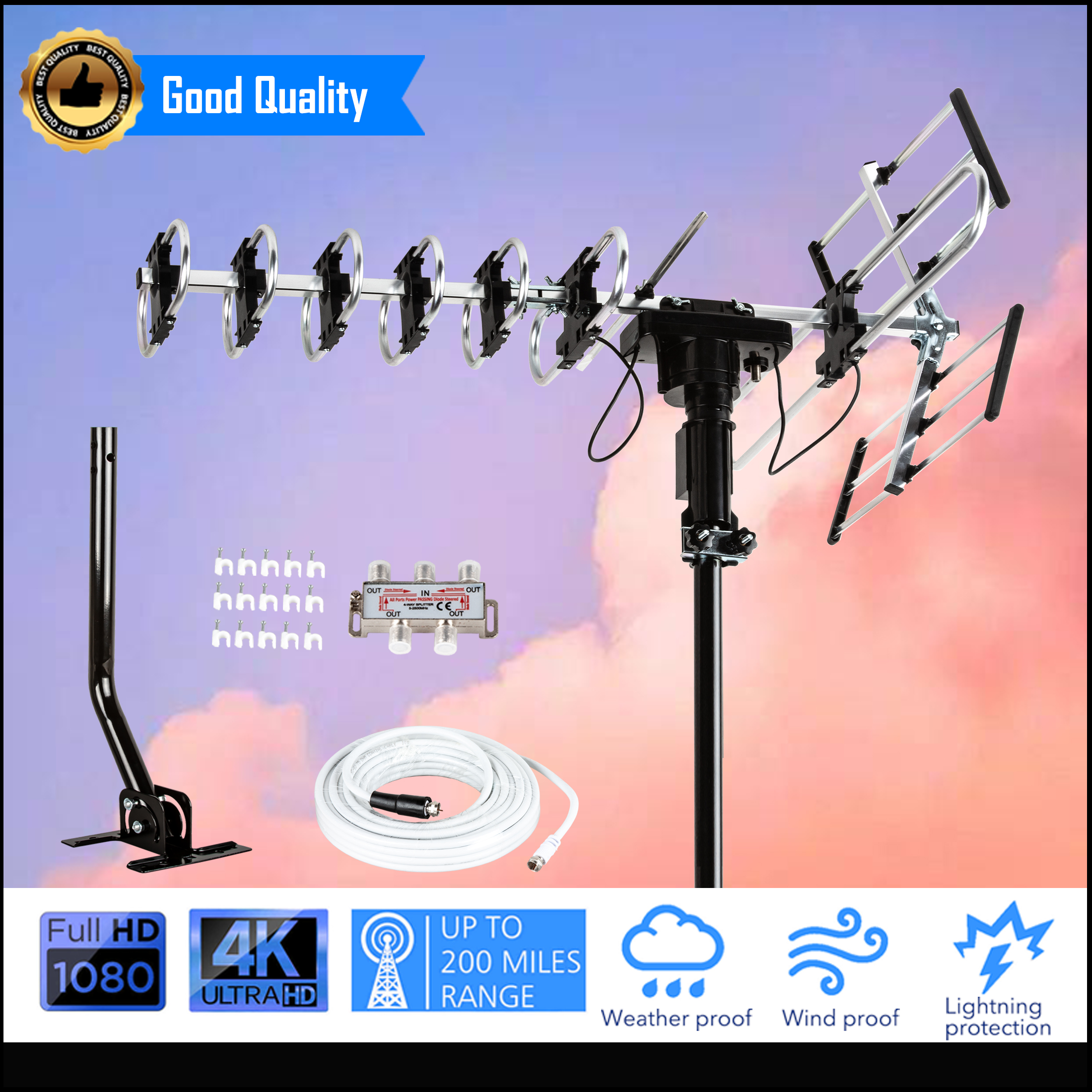 Up to 200 Miles Long range Five Star Outdoor 4K HDTV Antenna with 360 ...