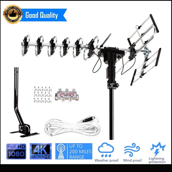 Five Star Outdoor HD TV Antenna Strongest Up to 200 Miles Long Range with Motorized 360 Degree Rotation, UHF/VHF/FM Radio Infrared Remote Control with Installation Kit and Jpole