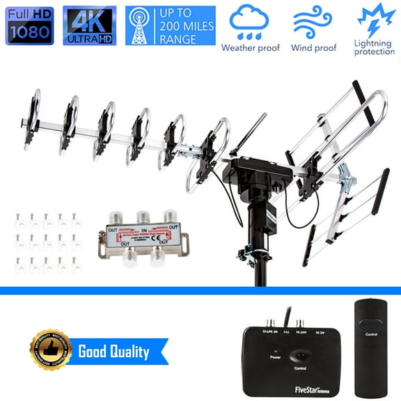 Five Star Outdoor HDTV Antenna - 4K Ready, 360 Rotation, Built-in Amplifier & LTE Filter, 1-Year Warranty