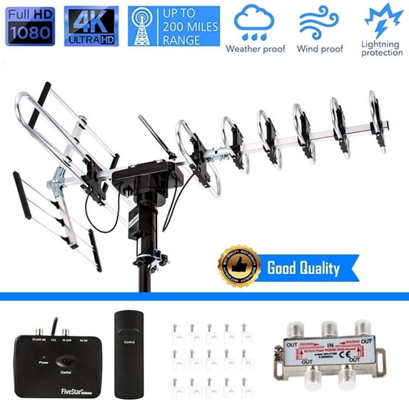 Five Star. Outdoor TV Antenna: 200-mile Range, Motorized 360° Rotation, Infrared Remote Control, Installation Kit
