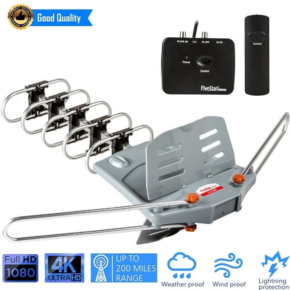 Five Star Outdoor TV Antenna Motorized 360 Degree Rotation 150 mile Range Remote Control Installation Kit