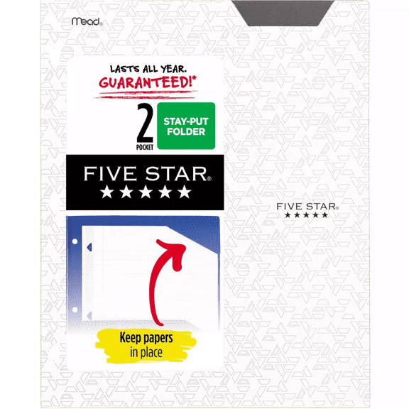Five Star Plastic Folder 2-Pocket Stay-Put 11.75" x 9.5" White