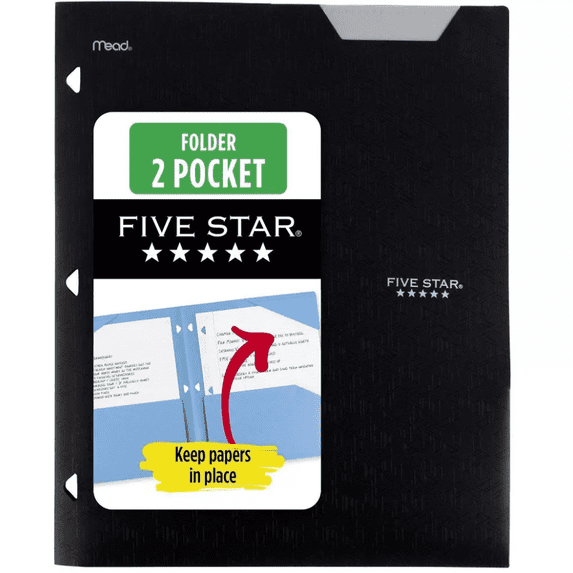 Five Star Plastic Folder 2-Pocket Stay-Put 3-Hole Punched, 11.75" x 9.5", Black