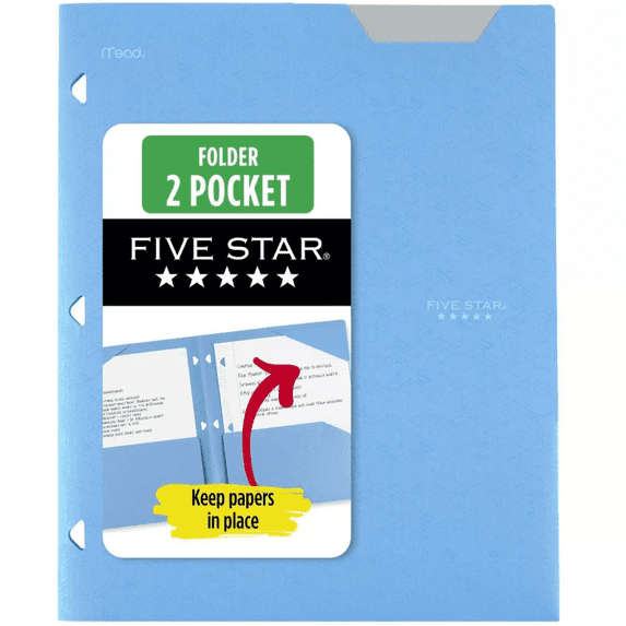 Five Star Plastic Folder 2-Pocket Stay-Put 3-Hole Punched, 11.75" x 9.5", Sky Blue
