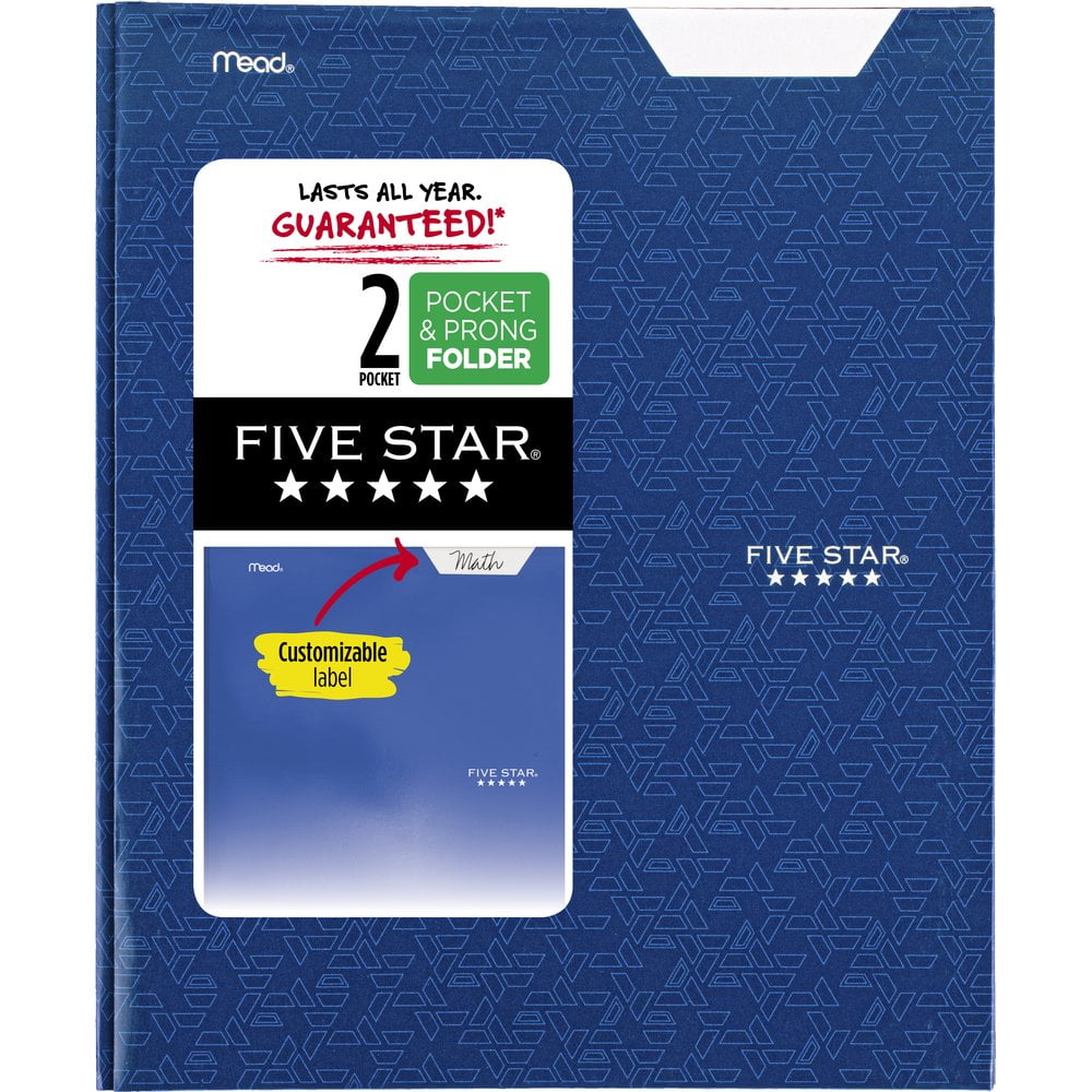 Lot of 5 Five Star 2 Pocket Paper Folder with Prongs- Blue