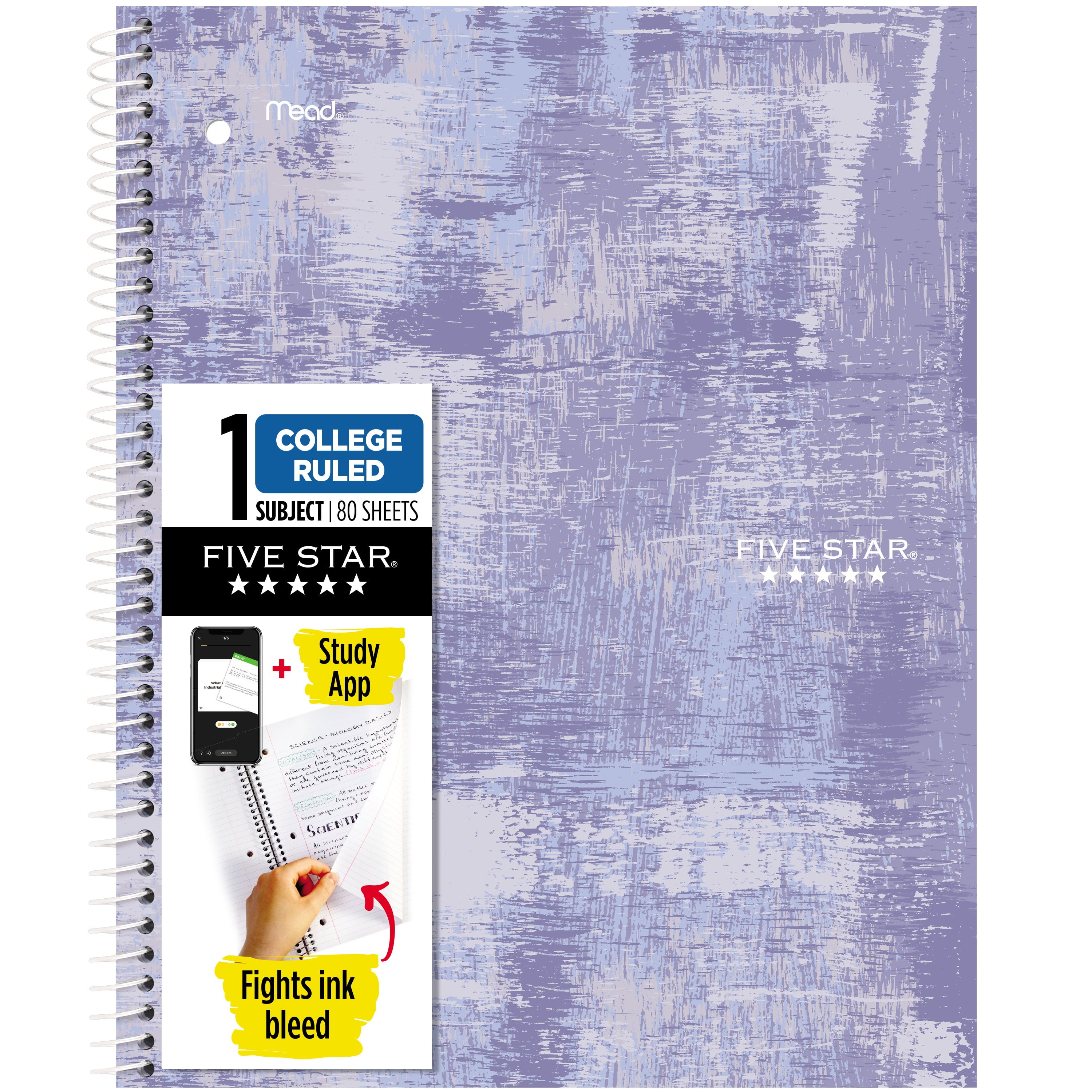 Five Star Yoga Spiral 1 Subject College Ruled Notebook Plus Study App, 8.5" x 11", Lavender Grit, Poly, Spiral, 80 Sheets