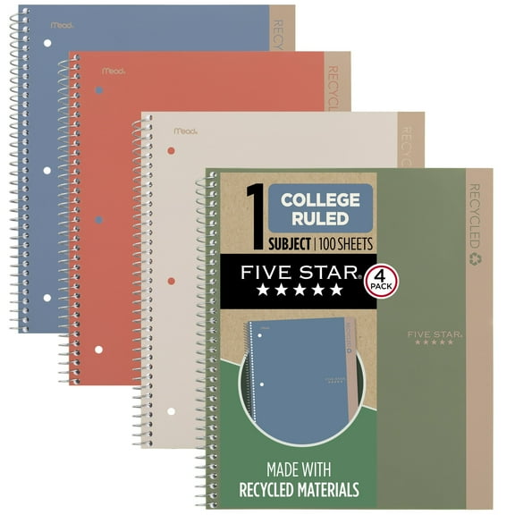 Five Star Recycled Spiral Notebook + Study App, 1 Subject, College Ruled, 8.5" x 11", 4 Pack