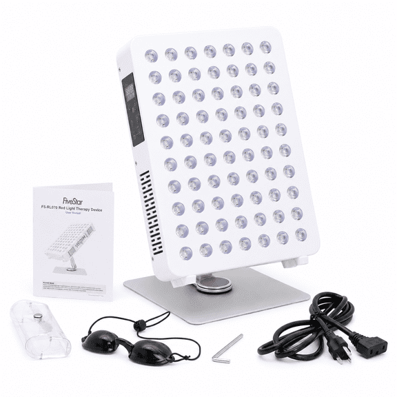 Five Star Red Light Panel with Precision Gear Rotating Base, 70 Dual-Chip LEDs, 4 Light Wavelengths (660nm, 810nm, 850nm, 1050nm), 4 Brightness Levels, 1-60 Min Timer
