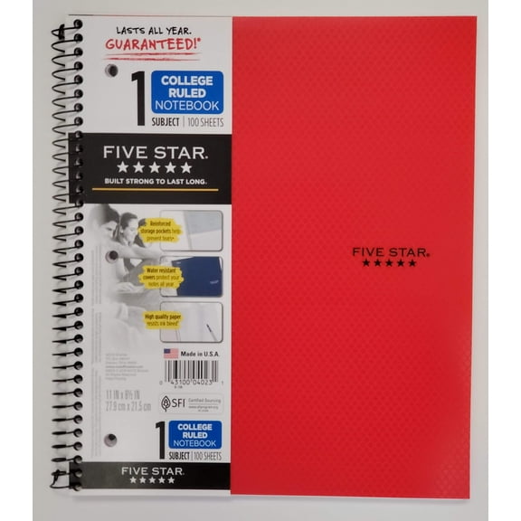 Five Star Red Style Notebook, College Ruled, 1 Subject, 11" x 8.5" (04023)