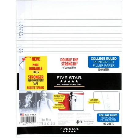 Five Star Reinforced Filler Paper, College Ruled, 100 Sheets/Pack (17175)