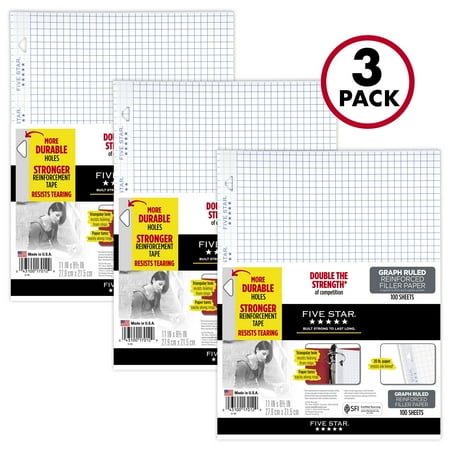 Five Star Reinforced Filler Paper, Graph Ruled,100 Sheets/Pack, 3 Pack (38034)