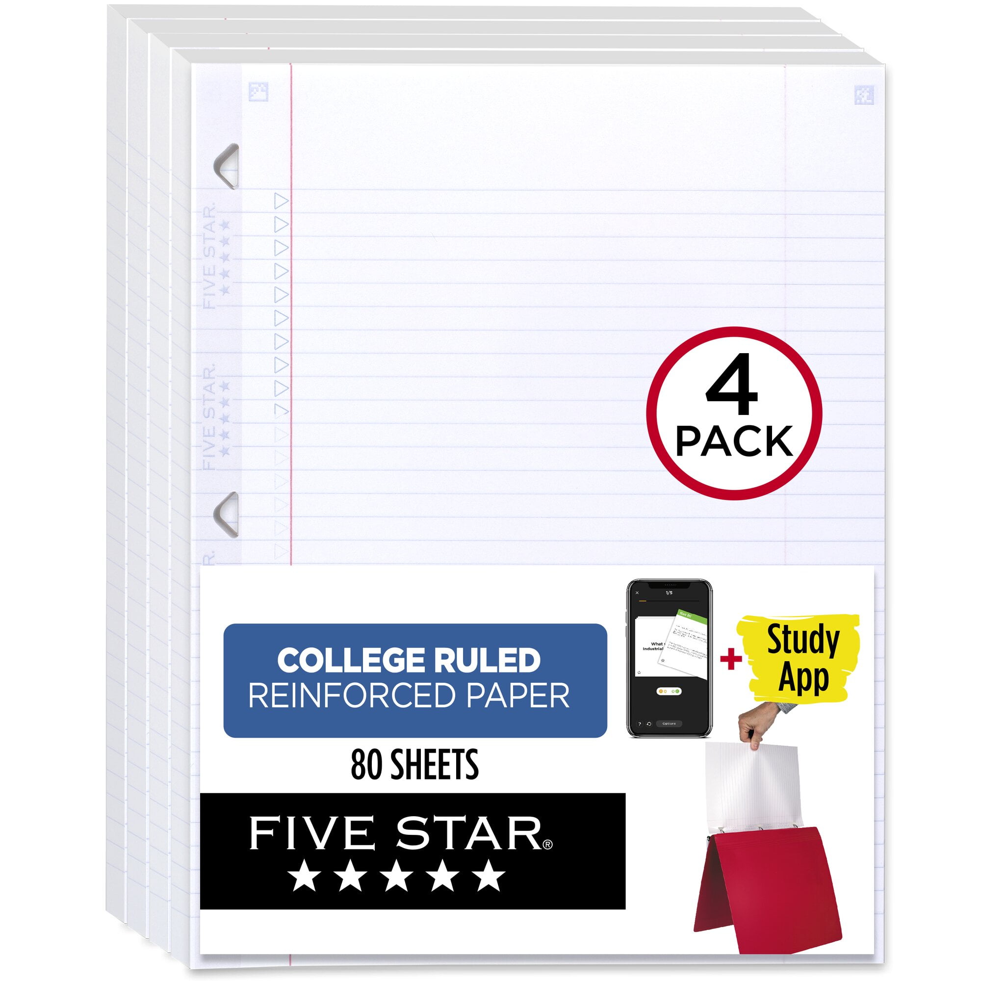 Five Star Reinforced Filler Paper Plus Study App College Ruled 8 12 x