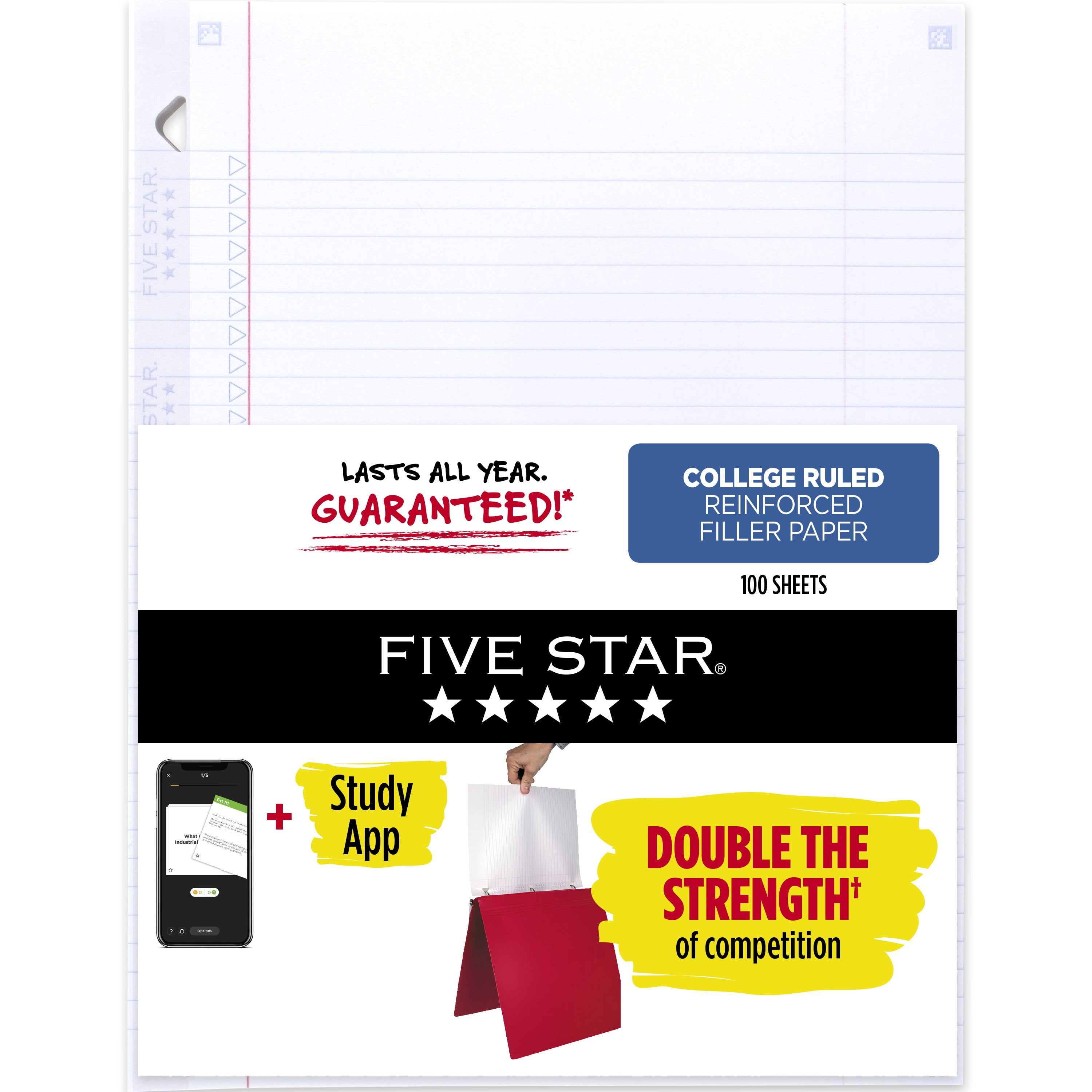 Five Star Insertable Loose Leaf Paper + Study App, Notebook Paper, College Ruled Filler Paper to Add Pages, Reinforced, 8.5 x 11, 75 Sheets (17022)