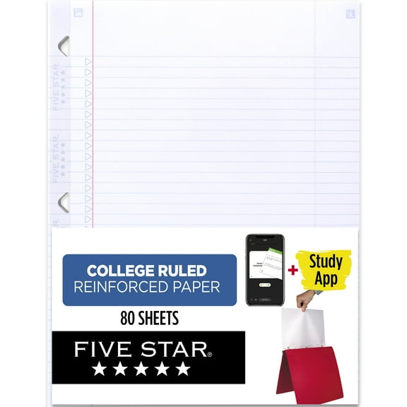 Five Star Reinforced Filler Paper Plus Study App, College Ruled, 8.5" x 11", 80 Sheets/Pack (170102-WMT)