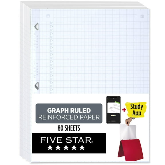 Five Star Reinforced Filler Paper + Study App, Graph Ruled, 8.5" x 11", 80 Sheets