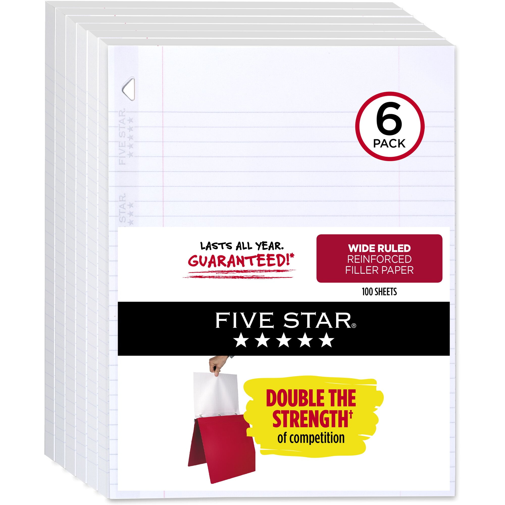 Five Star Reinforced Filler Paper Wide Ruled 8 x 10 12 100 SheetsPack 6