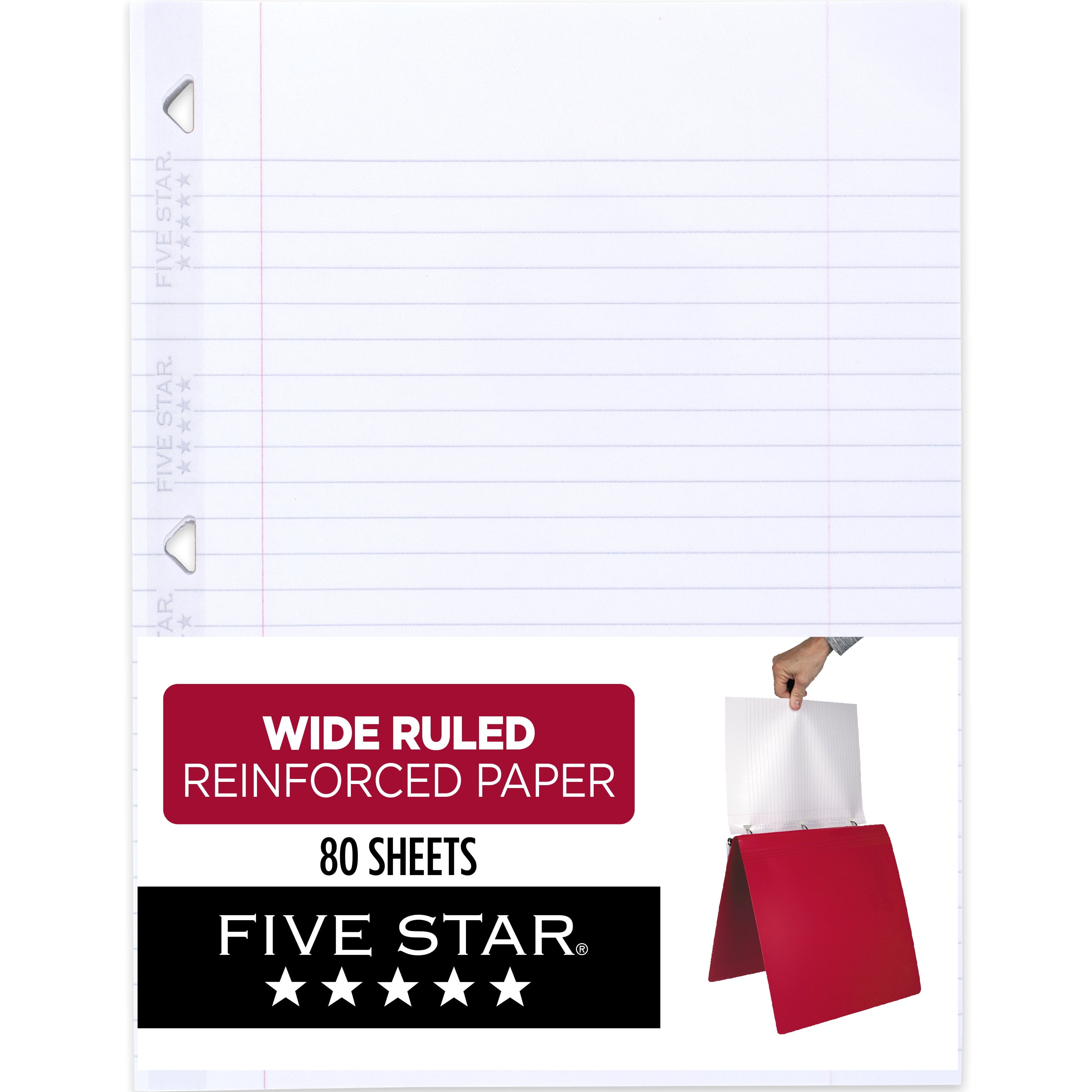Five Star Reinforced Filler Paper, Wide Ruled, 8" x 10.5", 80 Sheets