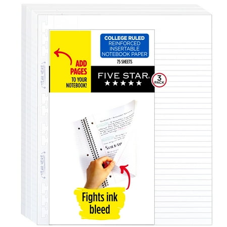 Five Star Reinforced Insertable Paper, College Ruled, 11.5" x 8", 75 Sheets, 3 Pack