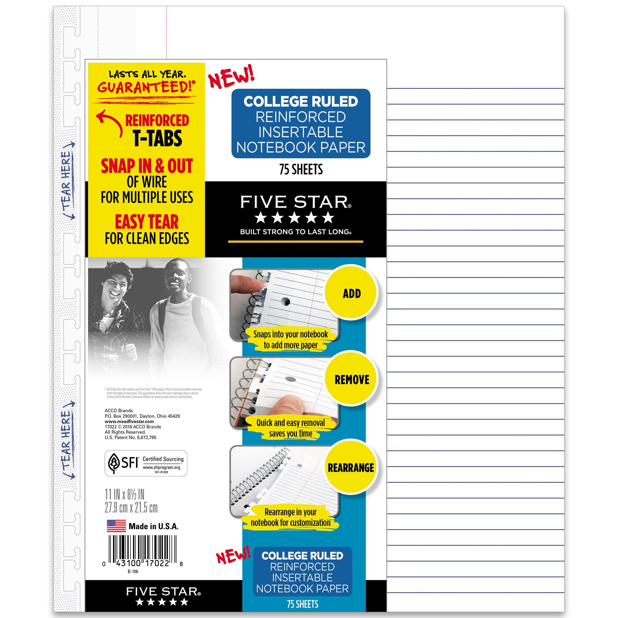 Five Star Reinforced Insertable Notebook Paper Plus Study App, College  Ruled, 8 1/2 x 11, 75 Sheets/Pack, 6 Pack