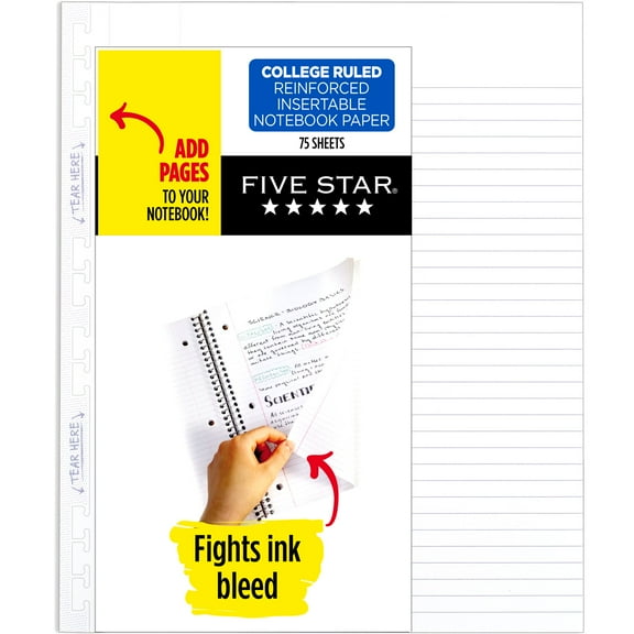 Five Star Reinforced Insertable Notebook Paper, College Ruled, 11.5" x 8", 75 Sheets