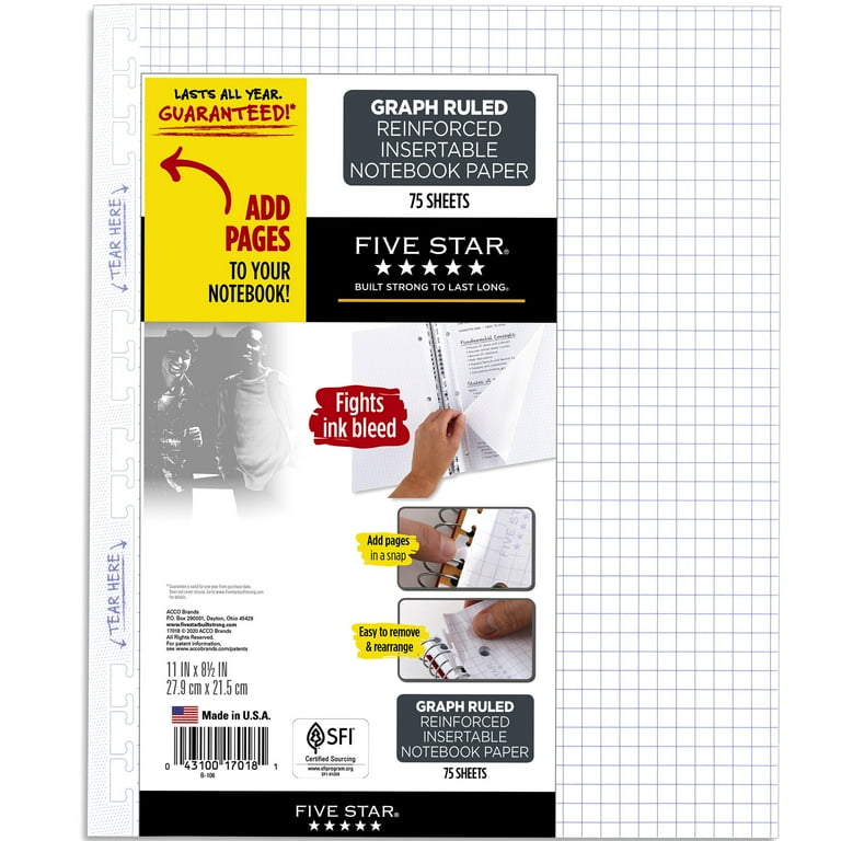 Five Star Reinforced Insertable Notebook Paper, College Ruled, 11 1/2 x  8, 75 Sheets/Pack, Filler Paper