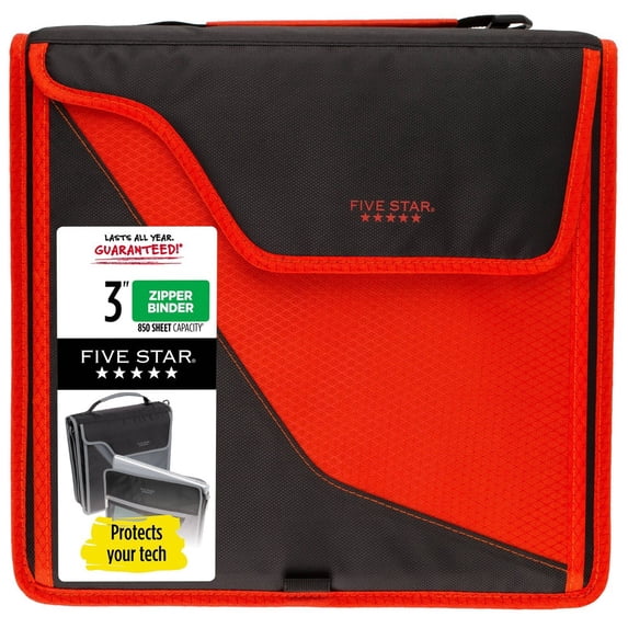 Five Star Sewn Zipper Binder, 3" Black&Fire Red